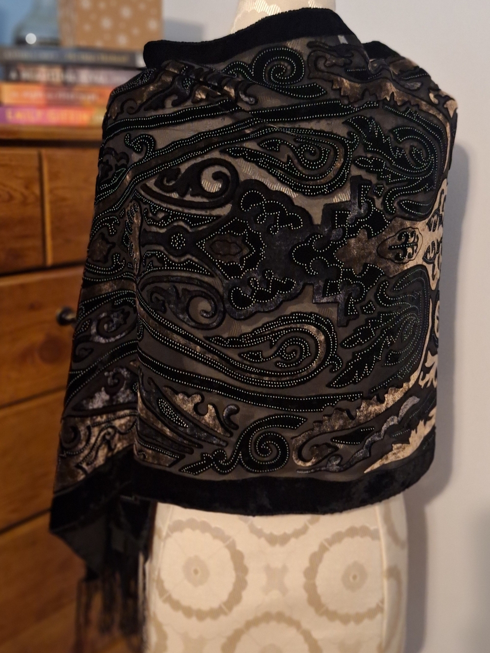 Black and Brown Velvet Burnout Embroidered Shawl